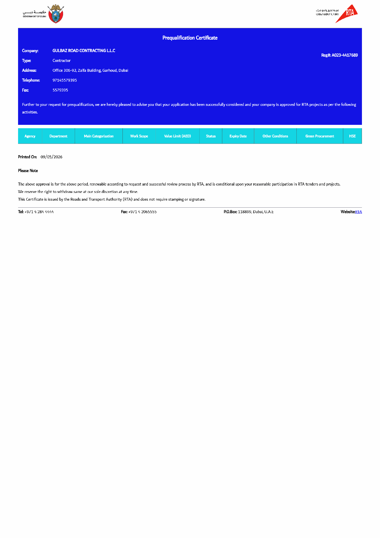 RTA Prequalification Certificate — Gulbaz Road Contracting
